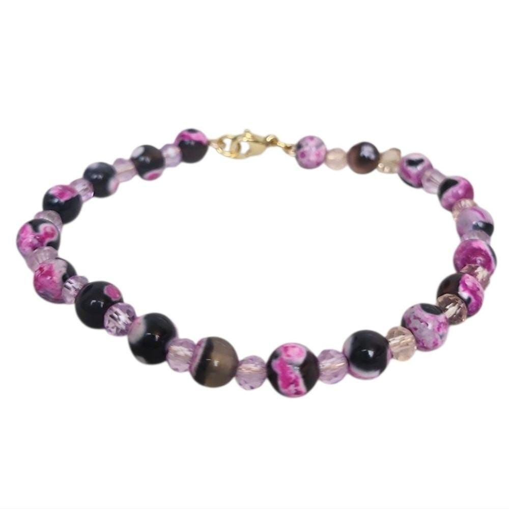 Fuchsia Black Fire Veins Onyx Crystal Bracelet, Faceted Gemstone Jewelry